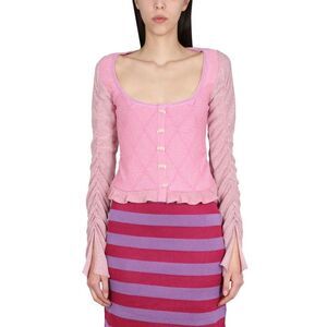 CORMIO Diamond Knit Button-Front Cardigan Top with Ruched Sleeves Women PINK